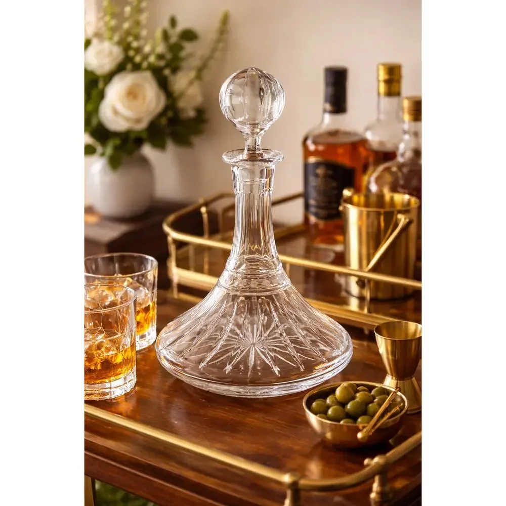 Vtg European Cut‎ Crystal Decanter w/ Globe Stopper Mid-Century Barware Elegant